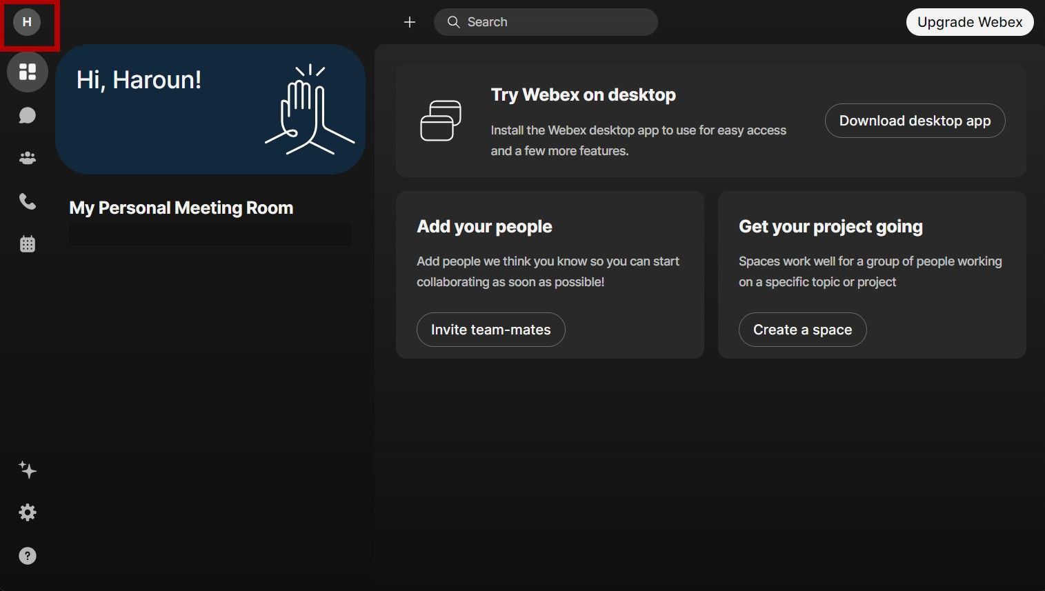 Webex Web app homepage