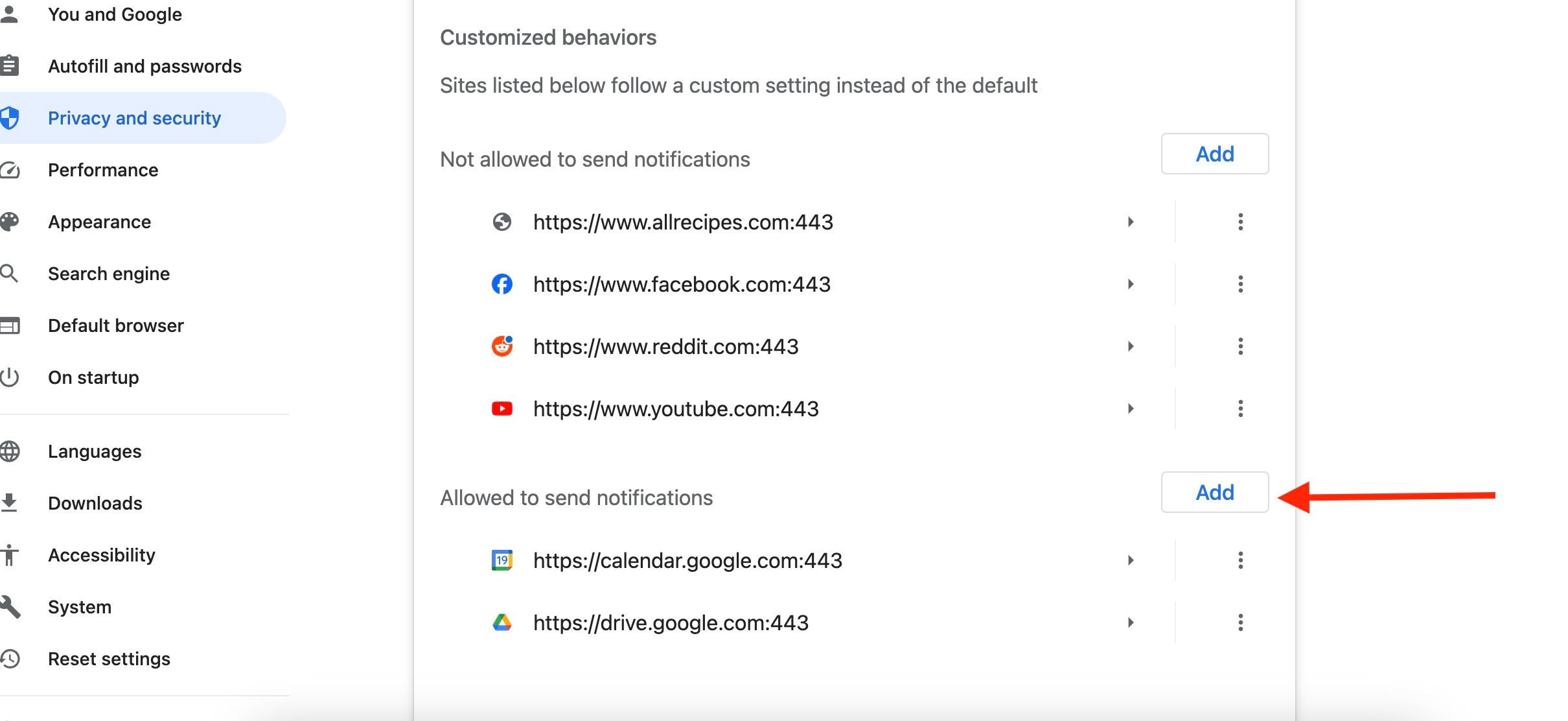 Chrome notifications settings menu with a red arrow pointing to the Add button next to Allowed to ship notifications.