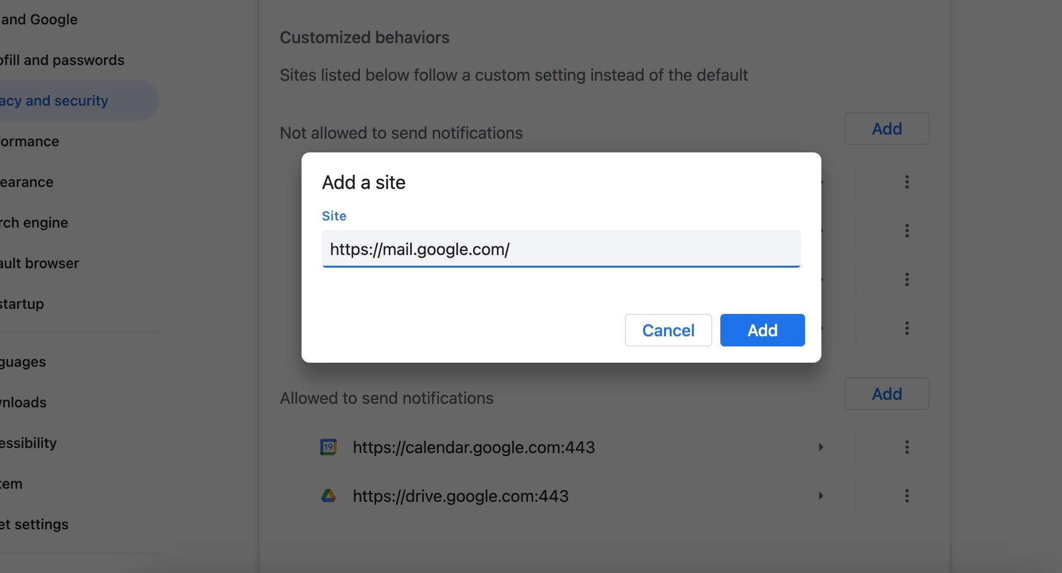 The chrome notifications menu with the gmail web tackle entered in a white pop up.