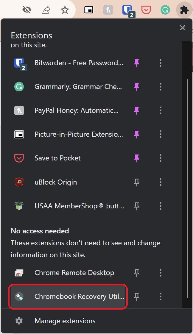 The Google Chrome extensions menu with a crimson field all around the Chromebook Recovery Utility option
