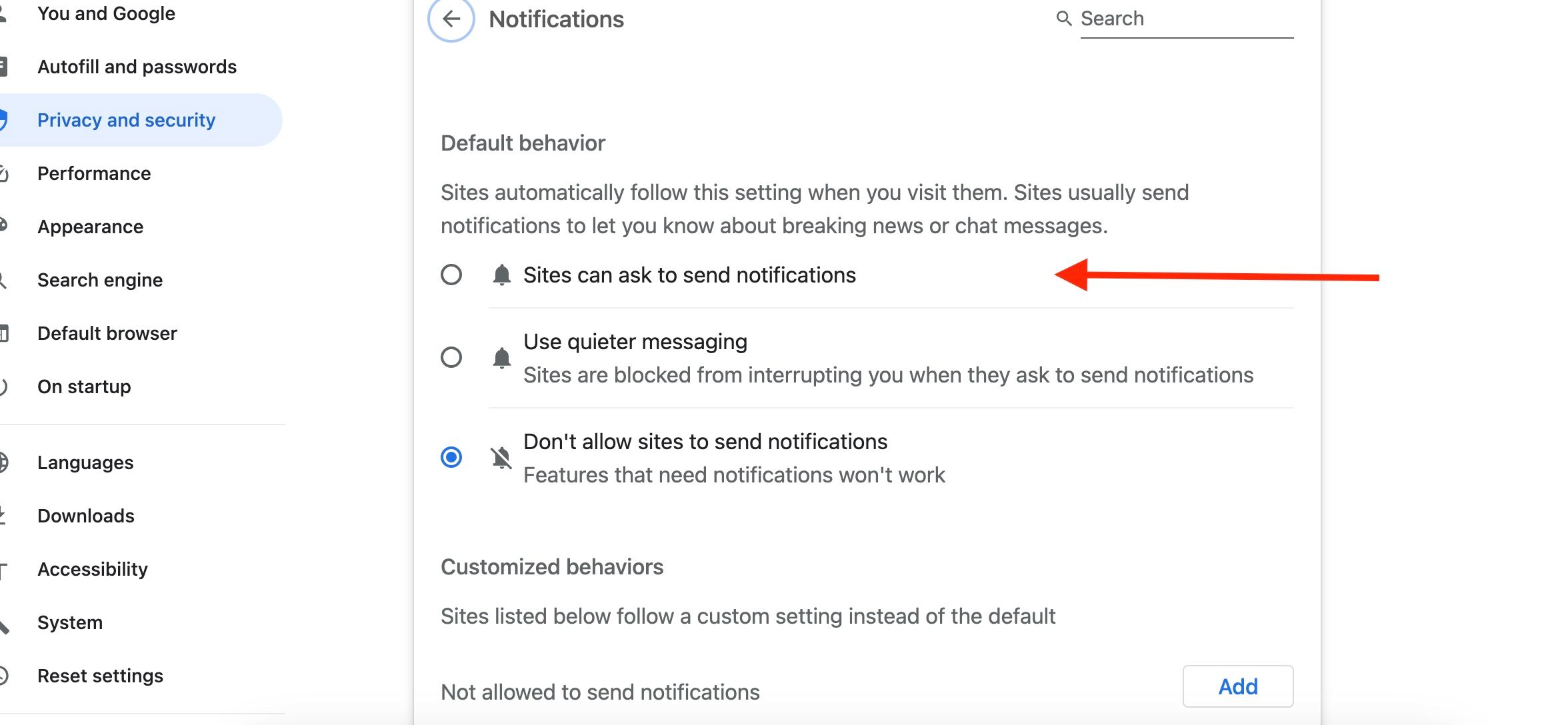 Chrome notifications menu with a red arrow pointing to the Allow sites to request risk