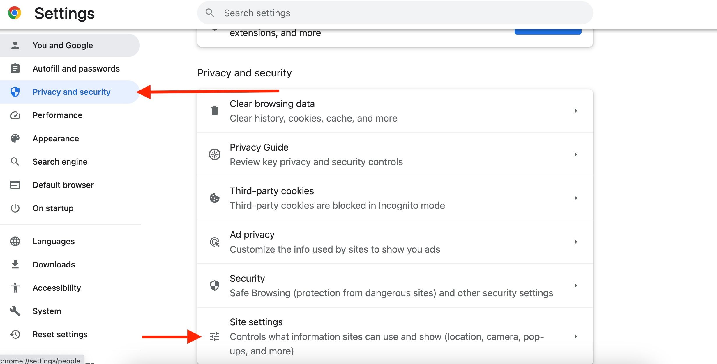 Chrome settings menu with a red arrow pointing to the privateness and security tab and one other pointing to the Location Settings risk.