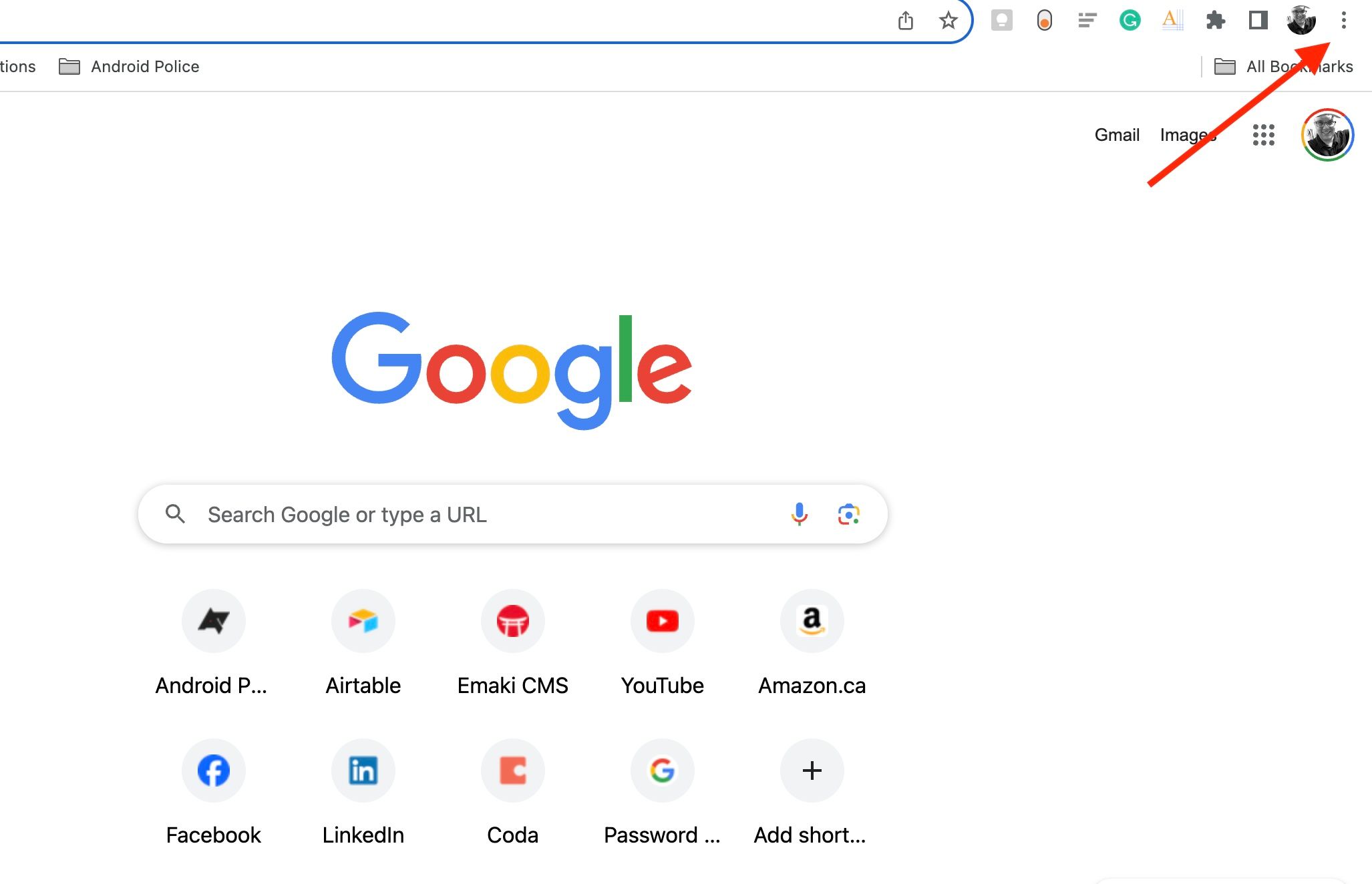 Chrome browser opened on the Google homepage with a red arrow pointing to the three dot menu within the pause true nook.