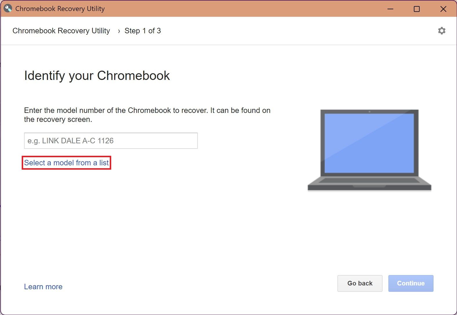The Title your Chromebook dialog field in the Chromebook Recovery Utility with a crimson field all around the Pick a mannequin from the listing option