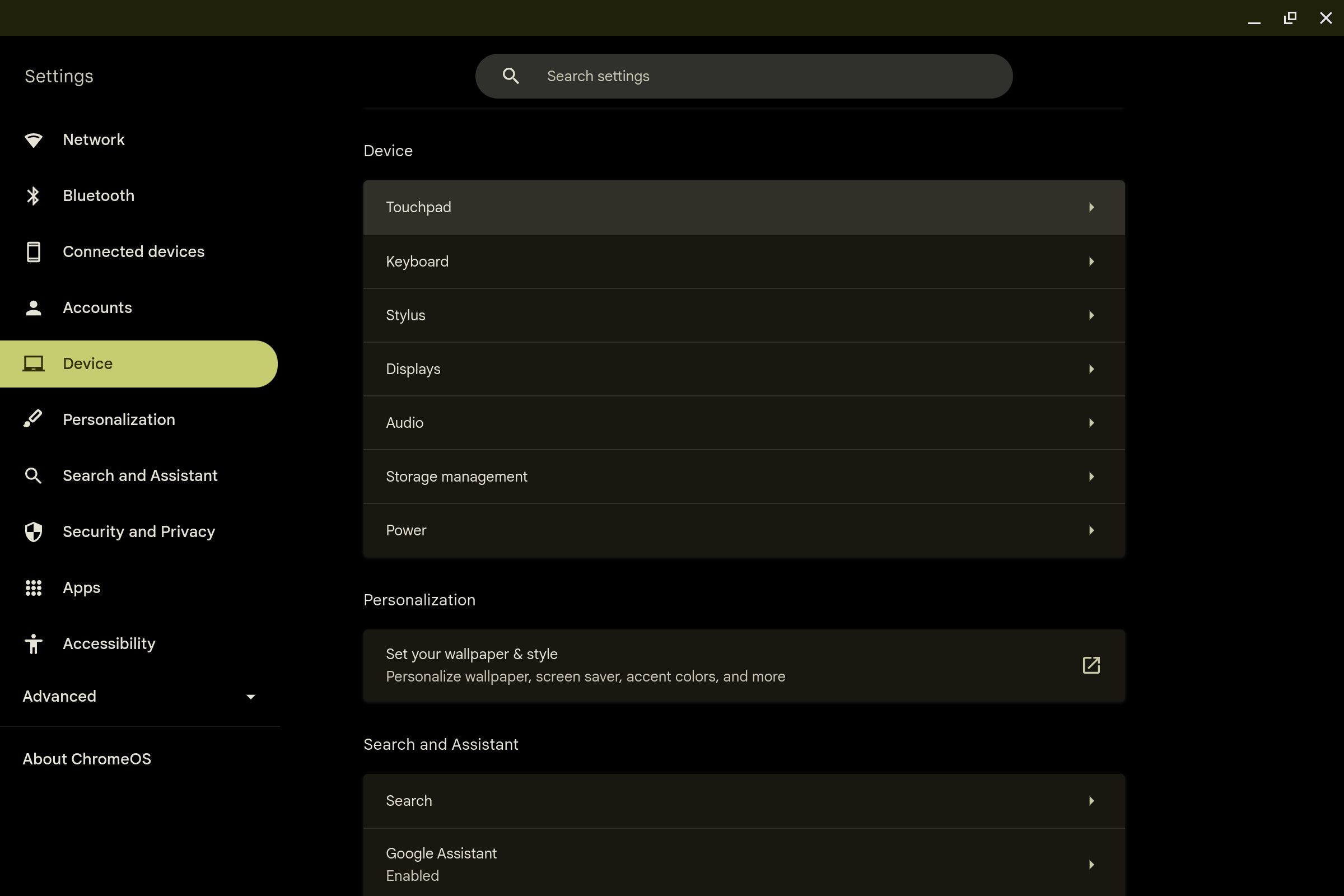 The Tool fragment of the Chromebook Settings app with the Touchpad risk highlighted