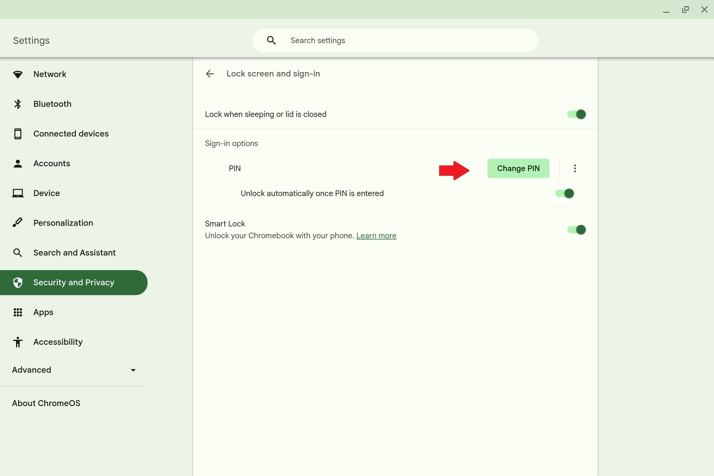 Lock screen and sign-in options on a Chromebook with a red arrow pointing to the Change PIN button