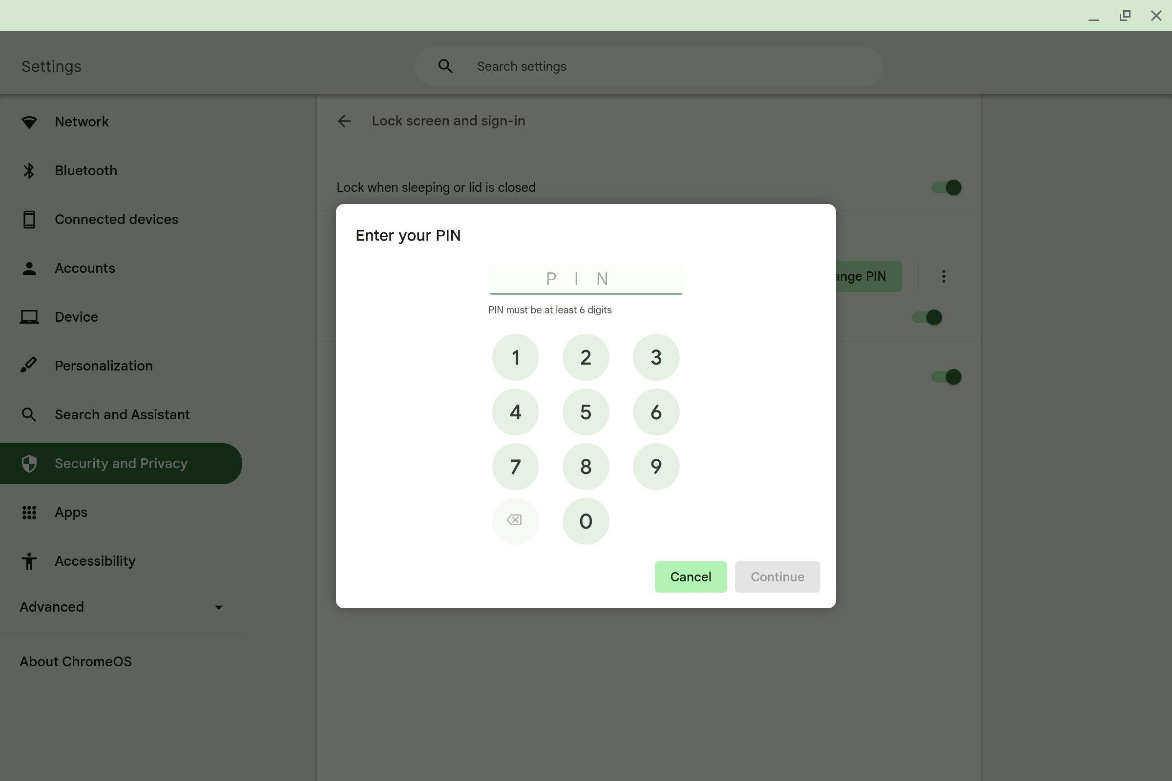 The Enter your PIN dialog box when setting up a new PIN on a Chromebook