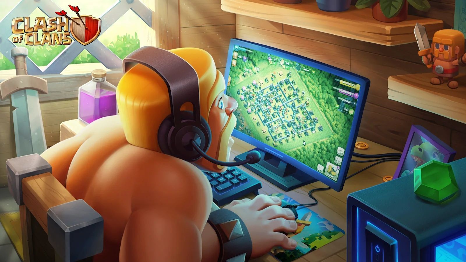 A Clash of Clans character playing Clash of Clans on a PC
