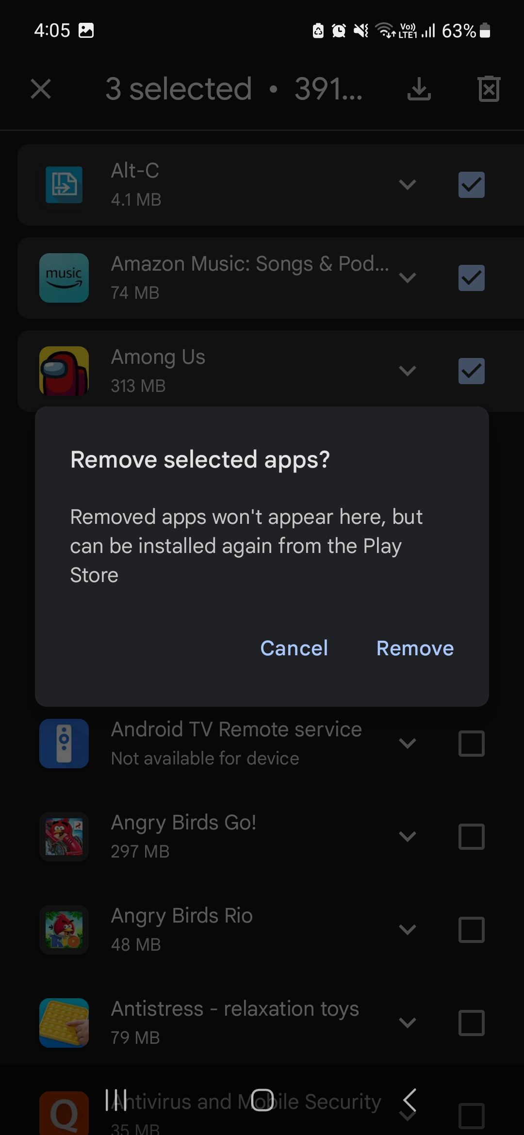 Confirm deleting Google Play Store app download history.