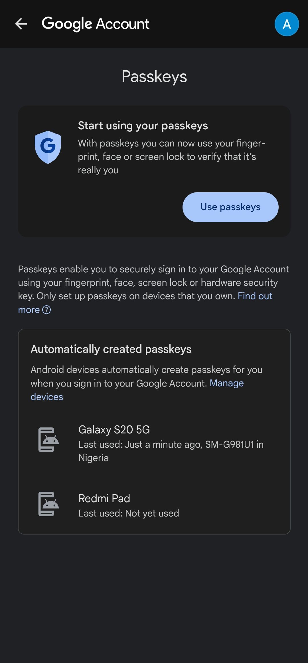 Google Account passkey setup