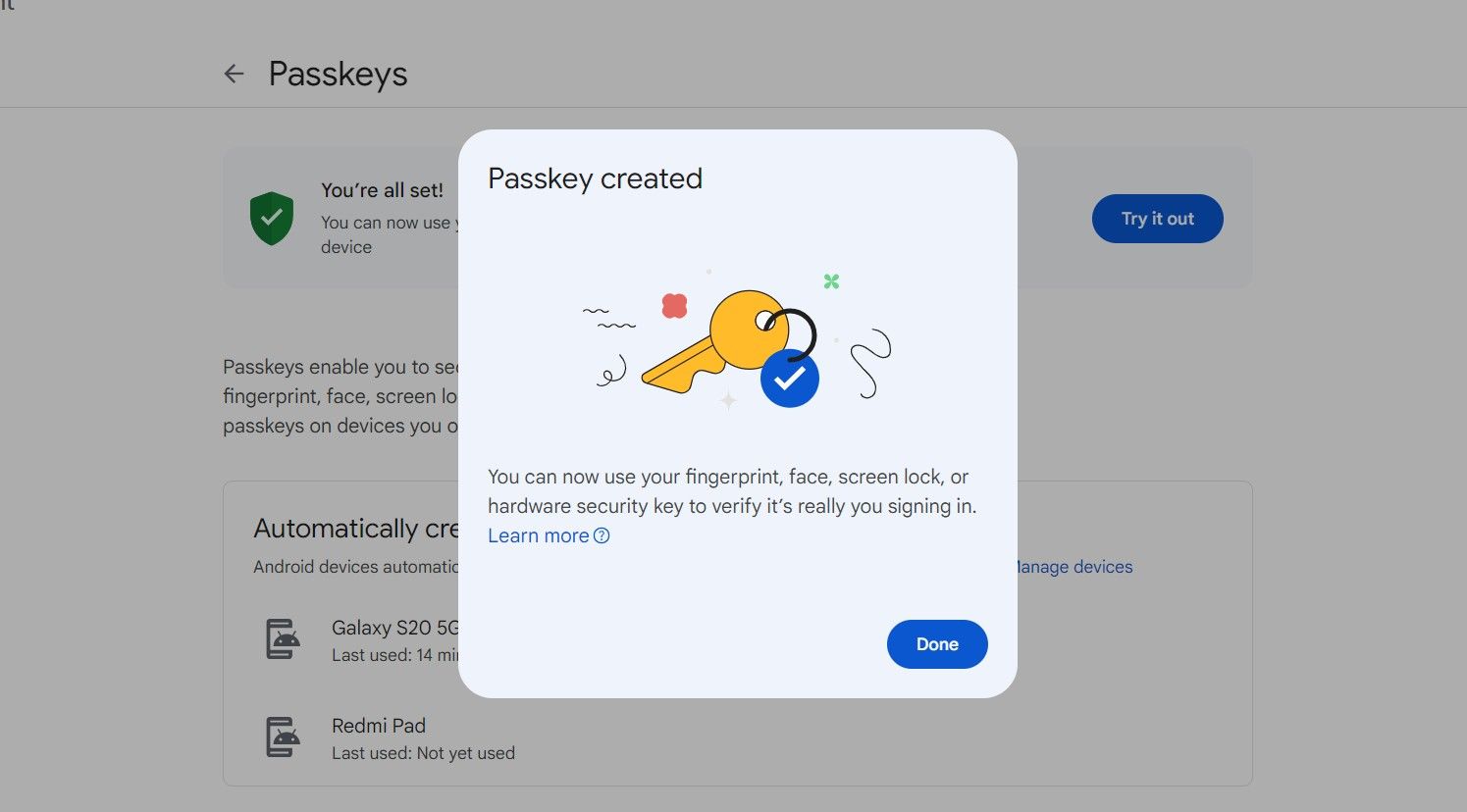 Google Account passkey setup notification window.