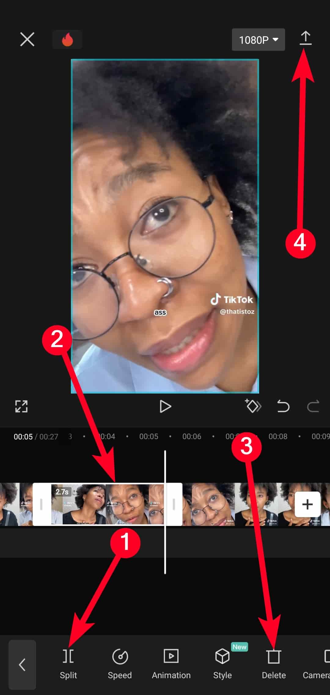 Cutting a video in CapCut app