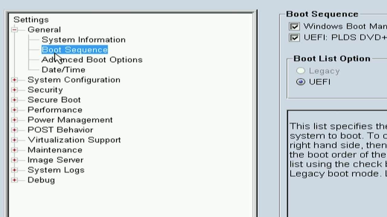 EUFI settings on Dell gadget to entry booting choices.