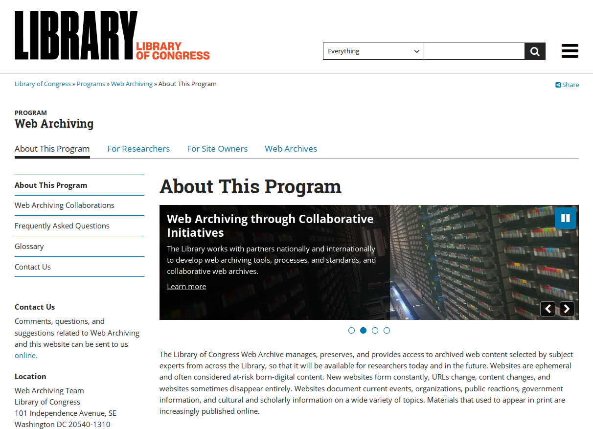 Screenshot of the Library of Congress web archive homepage