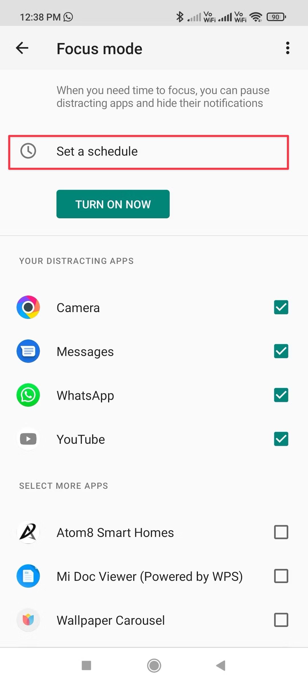 Digital Wellbeing Focus mode setting screenshot showing set a schedule option