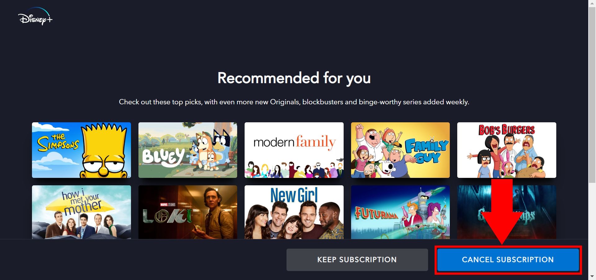 red solid arrow pointing down to red rectangle outline over cancel subscription button Disney+.