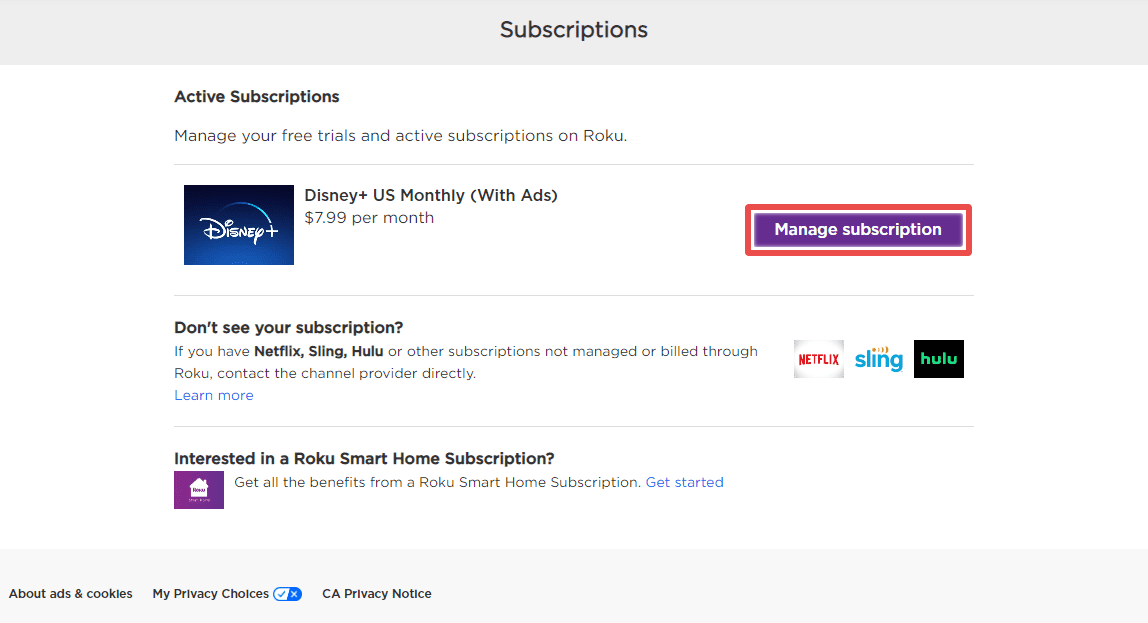 Roku subscriptions page showing Disney Plus