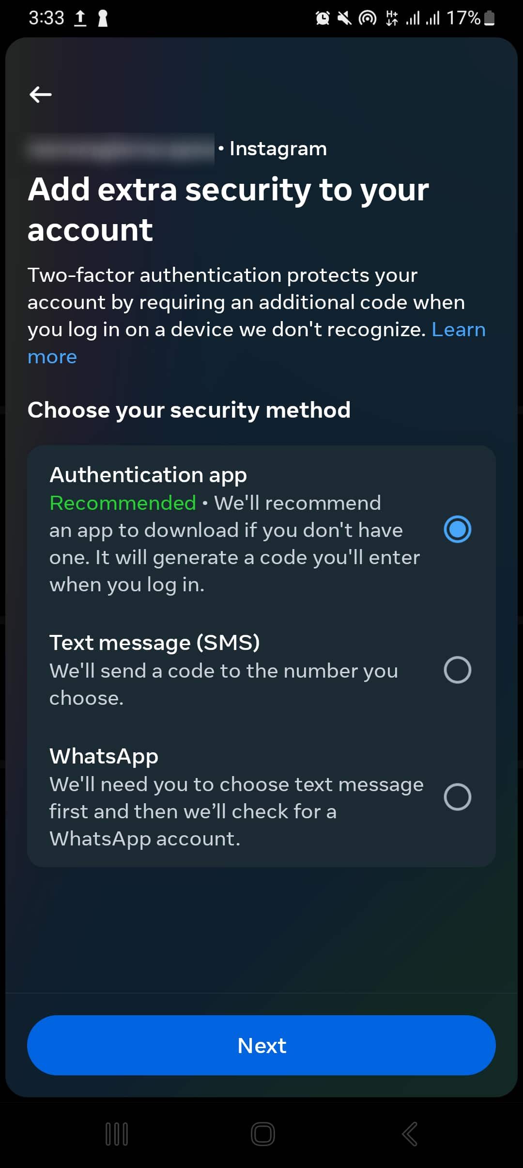 Enabling two factor authentication on Instagram app