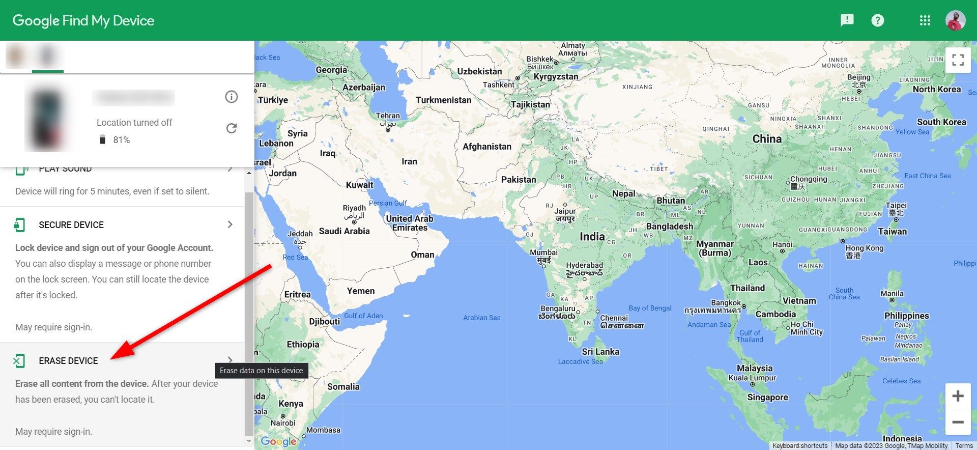 Erase device option on Google Find My Device website