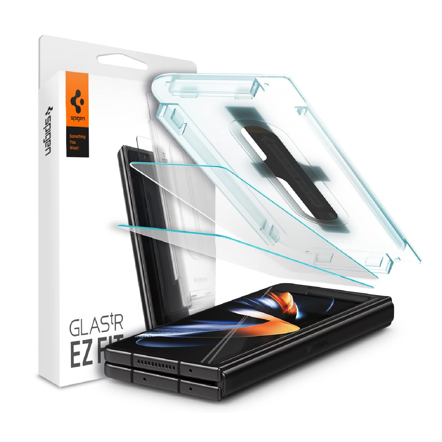 Spigen Tempered Glass Screen Protector for Galaxy Z Fold 4 on white background.