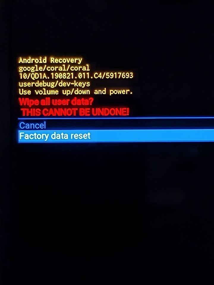 Factory data reset option in Recovery Mode on a Google Pixel