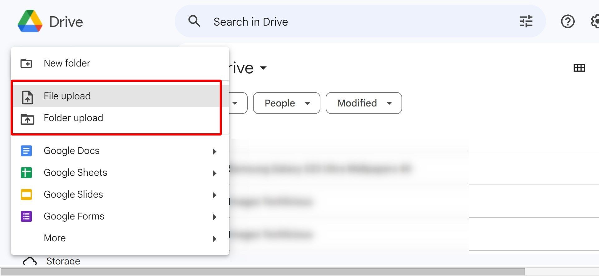 File or Folder upload options on Google Drive web.