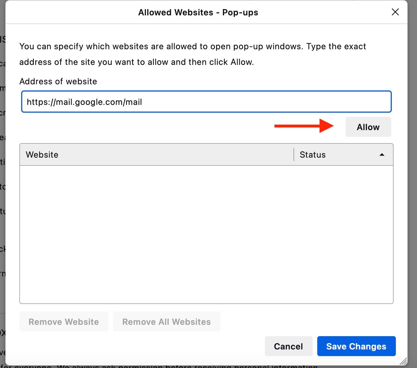 Firefox pop-up exceptions menu with the gmail tackle crammed out within the tackle bar and a red arrow pointing to the enable button.