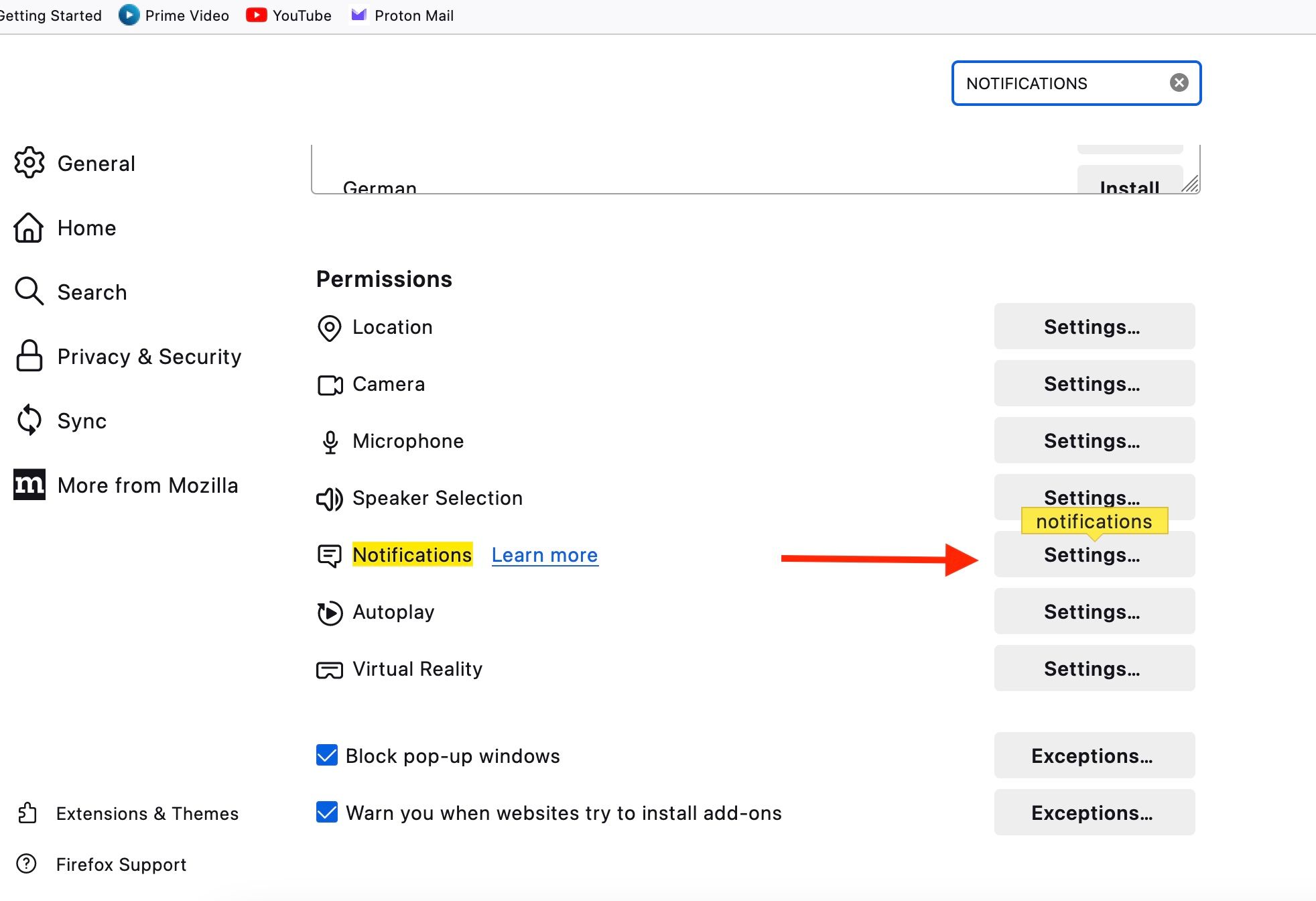 The Firefox settings page with Notifications highlighted in yellow and a red arrow pointing to the Settings button next to it.