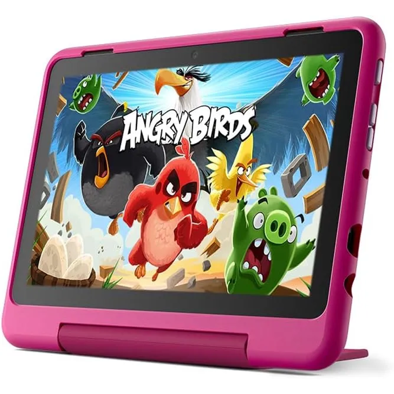 A pink Fire HD 8 Kids Pro positioned at an angle with Angry Birds on the display