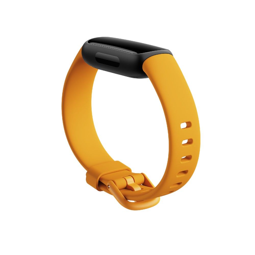 A Fitbit Inspire 3 with a shimmering yellow silicone band