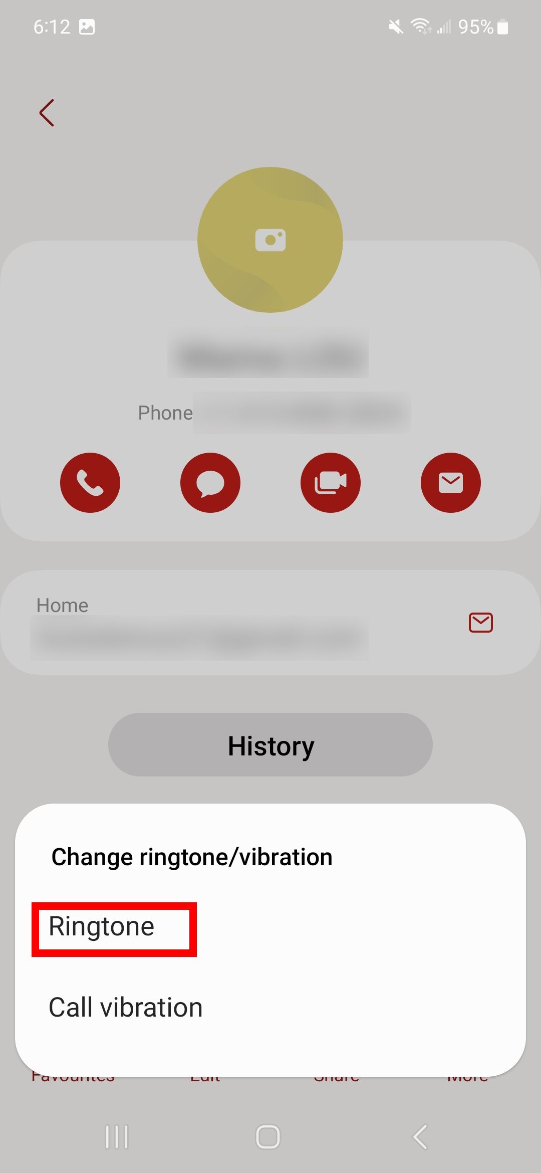 red rectangle outline over ringtone on contact