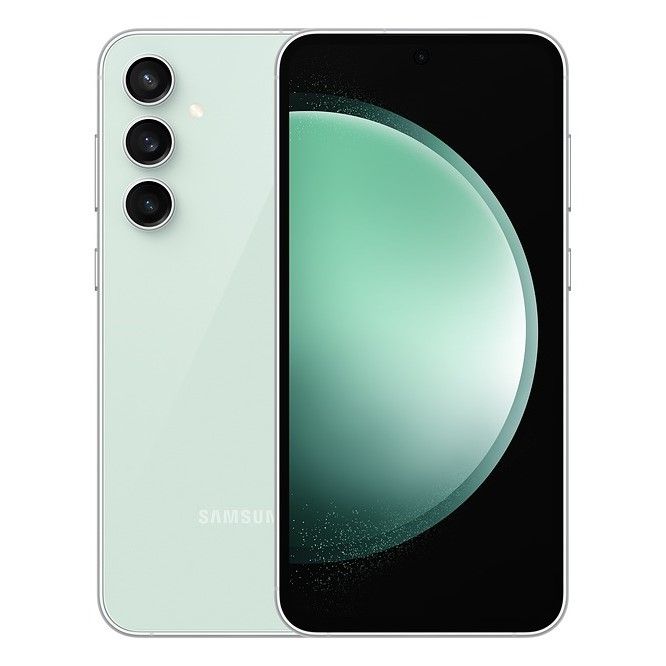 Front and back of the Samsung Galaxy S23 FE in Mint Green, against a white background