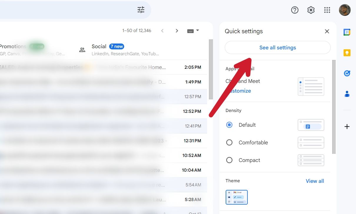 Screenshot showing option to access Gmail desktop settings.