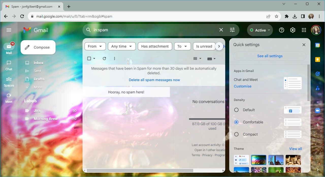 screenshot of instant settings menu in Gmail