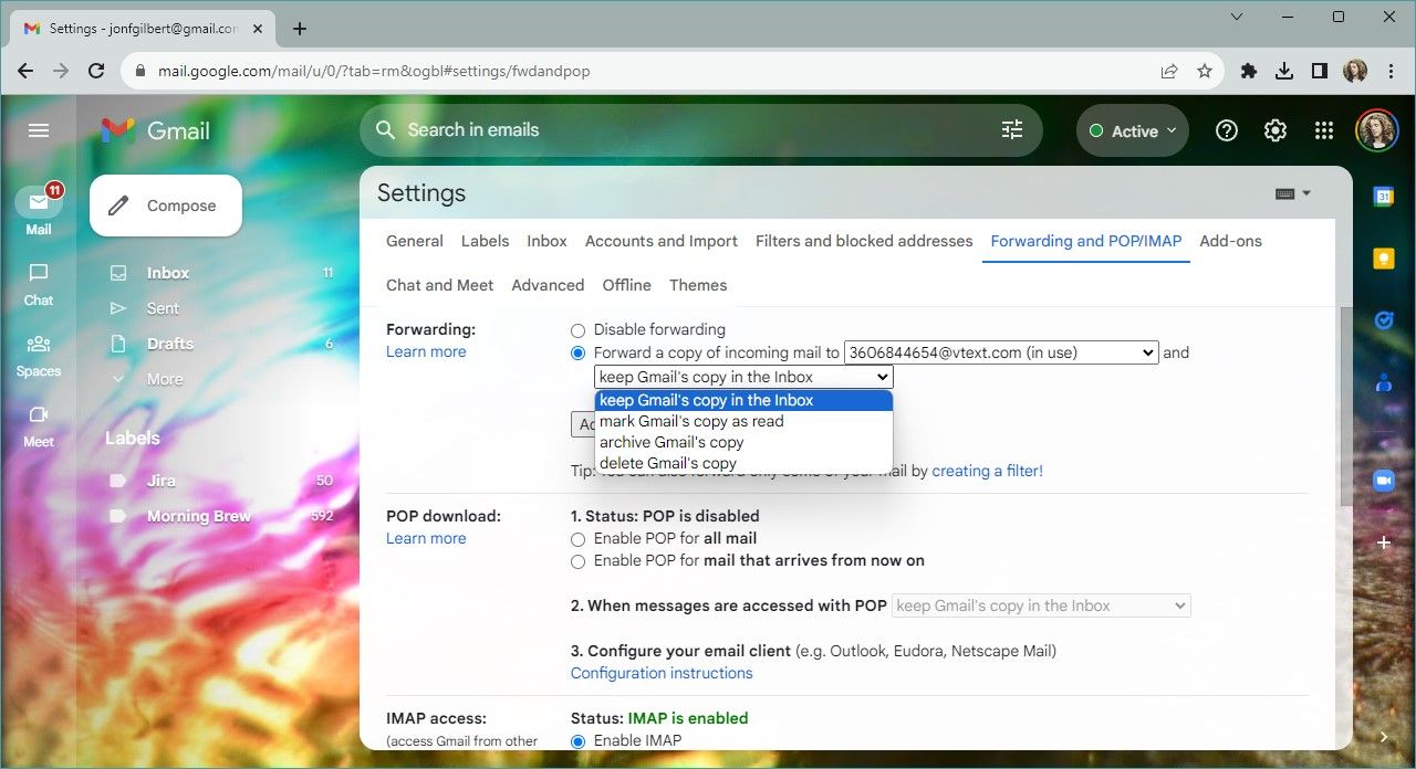 screenshot of forwarding settings in Gmail