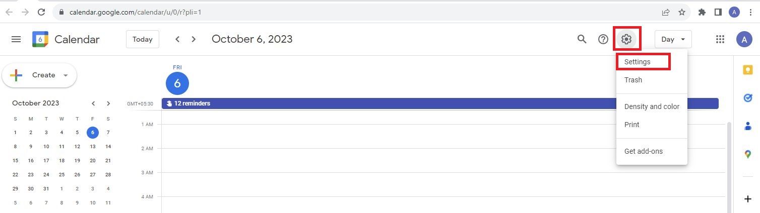 Screenshot highlighting Calendar Settings