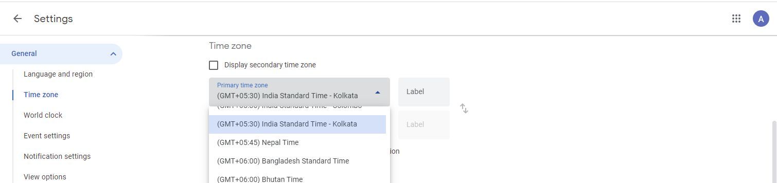 Screenshot of time zones in Google Calendar's drop-down menu