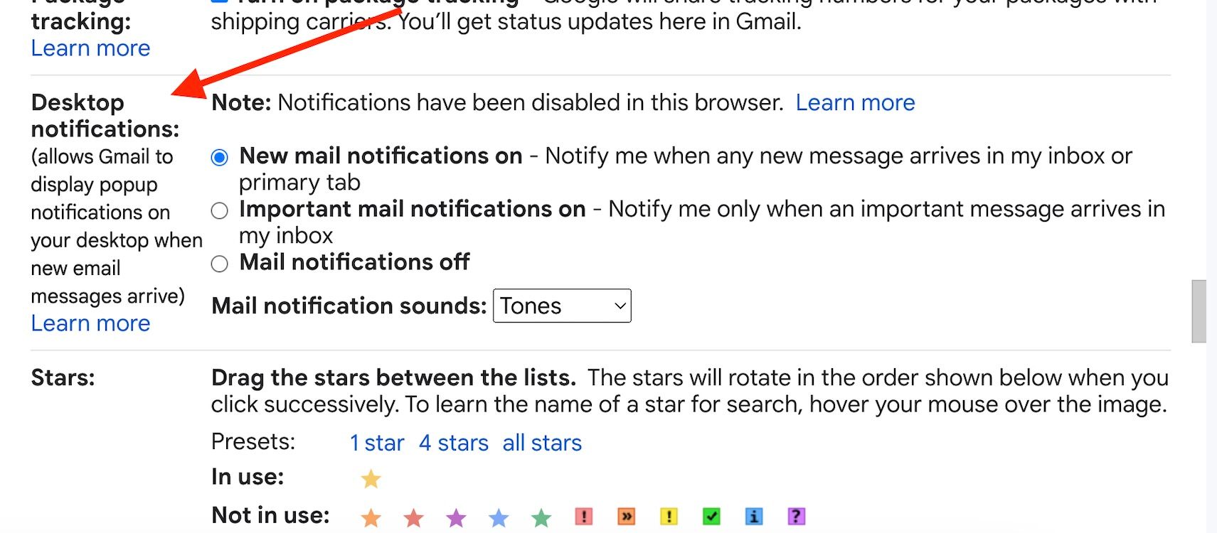 The Gmail web situation settings menu with a red arrow pointing to the desktop notifications atmosphere on the left of the menu