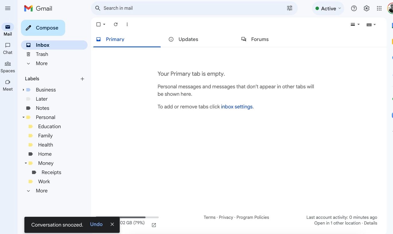 The Gmail web inbox with no messages and the observe Your Most main tab is empty.