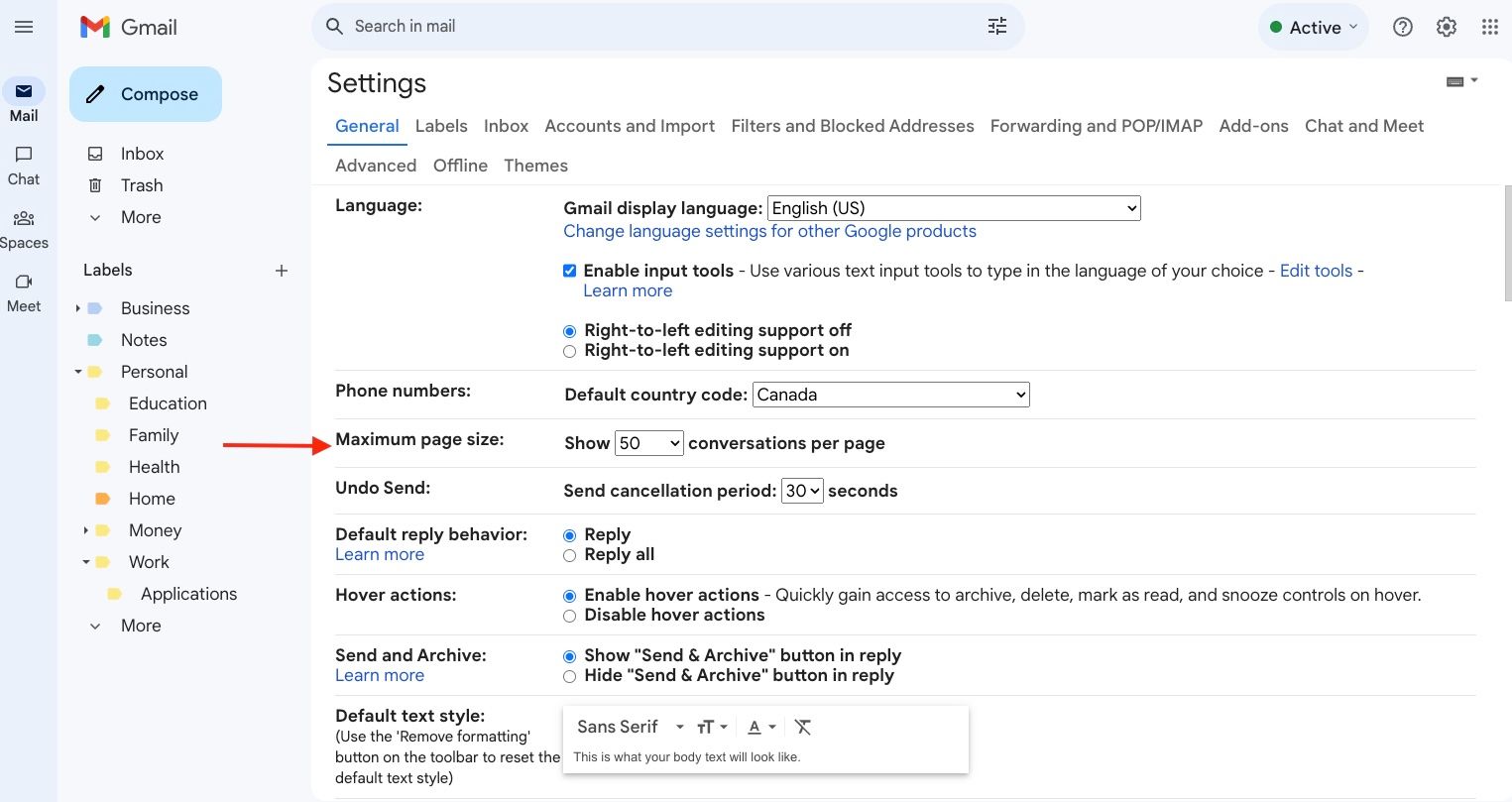 The Gmail web settings menu with a crimson arrow pointing to the Most page size option.