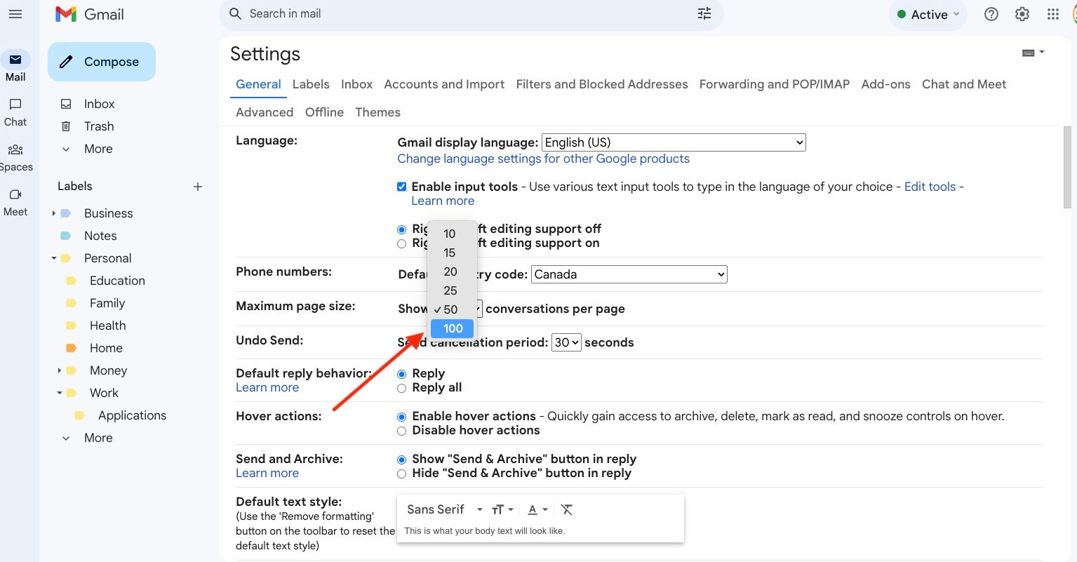 Gmail web settings with primarily the most page size tumble down box location to 100 and a crimson arrow pointing to it.