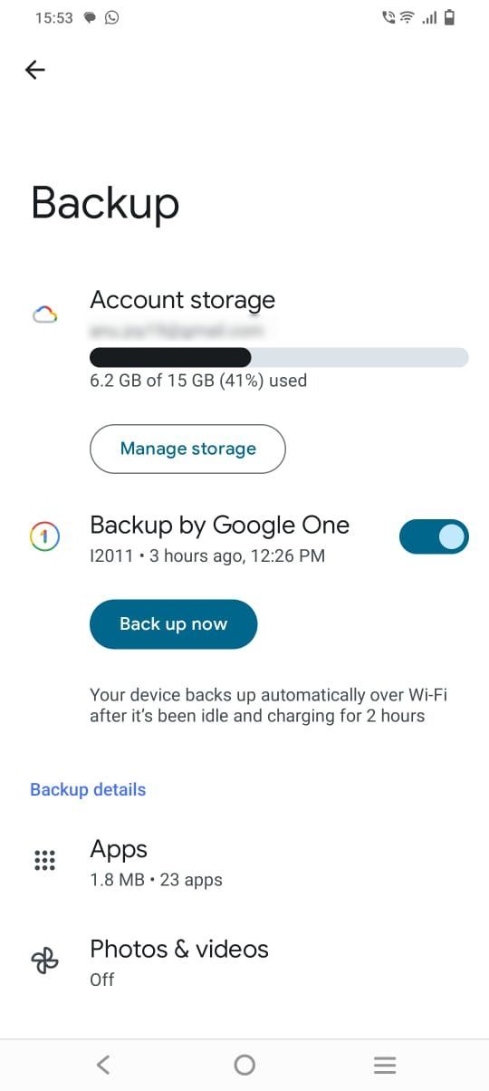 Screenshot of Google's Backup option