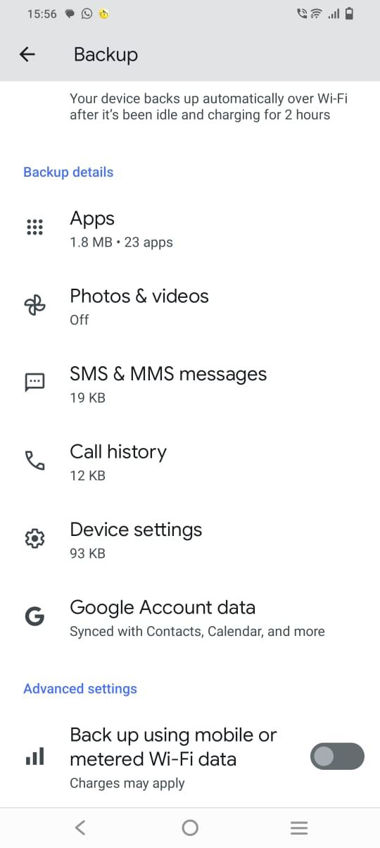 Screenshot of all the backup options in Google