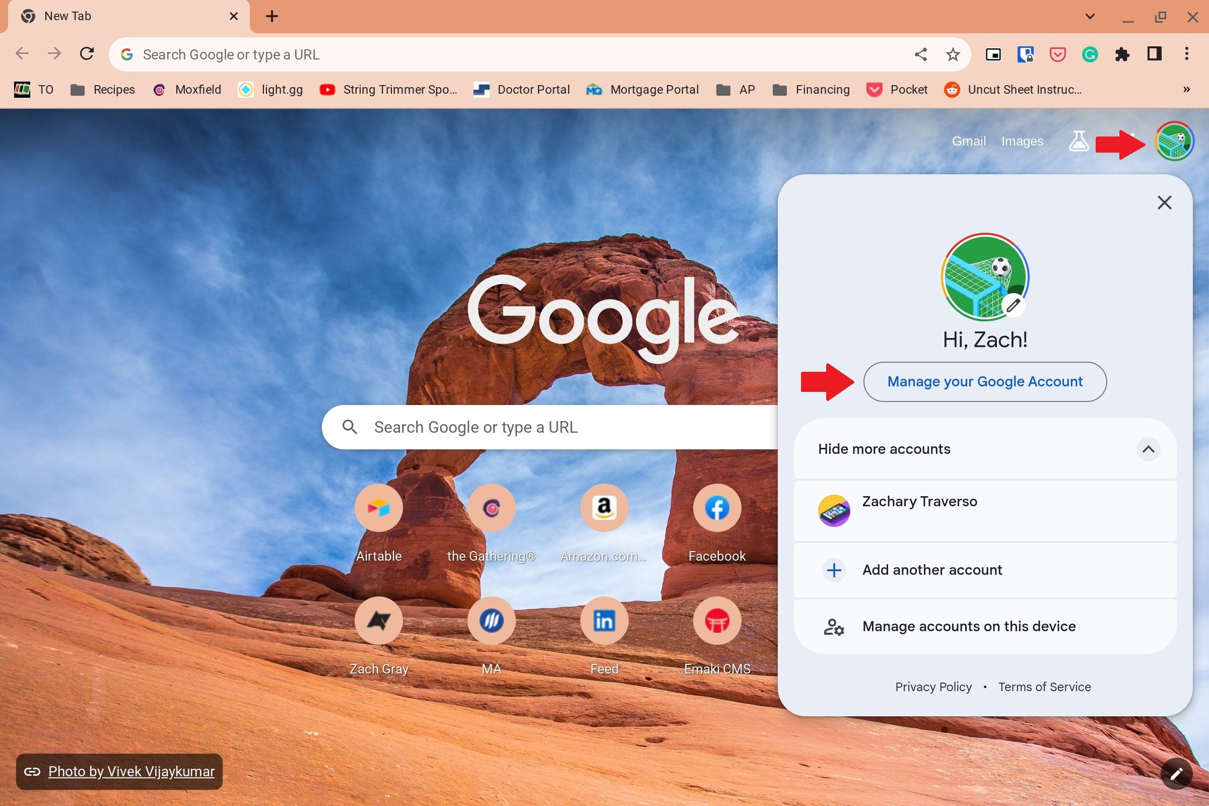 The dropdown menu after tapping your profile icon in the upper right of a Google screen with a red arrow pointing to the account icon and the Manage your Google Account button