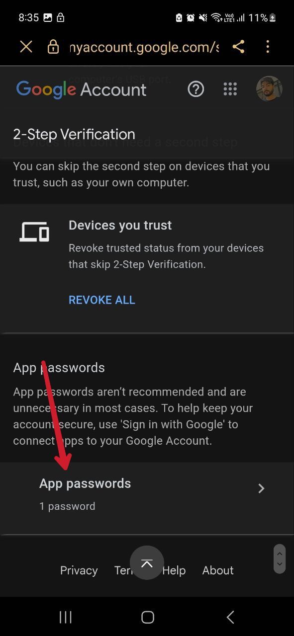 Screenshot showing option to set up an app password in Google