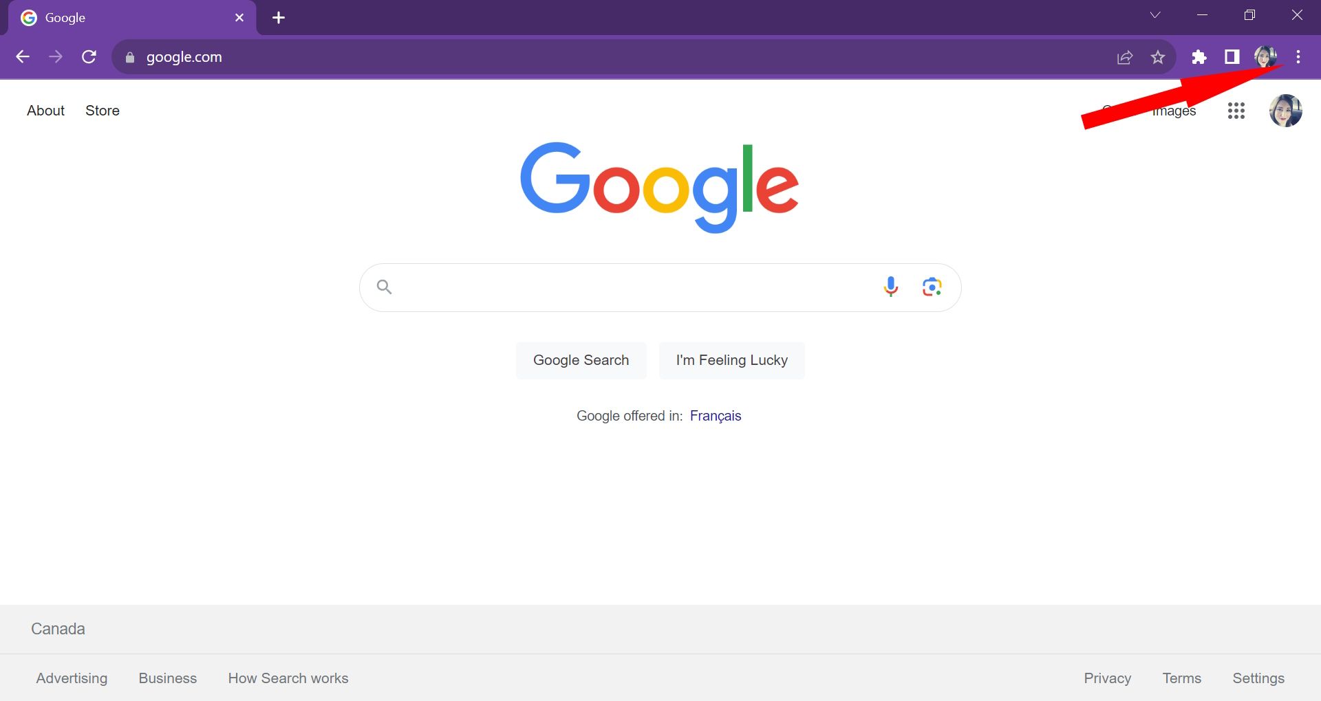 pink solid arrow pointing to kebab (three dot) menu on google chrome