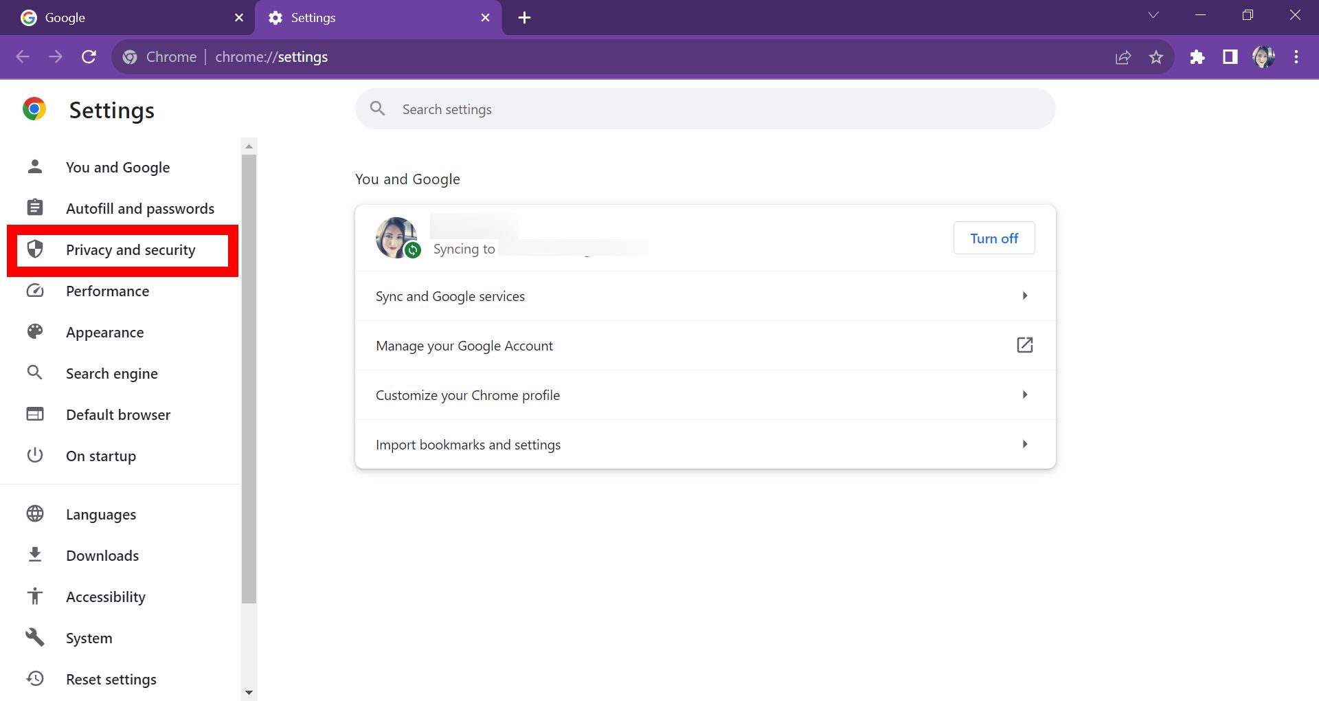 pink rectangle outline over privateness and security settings in google chrome
