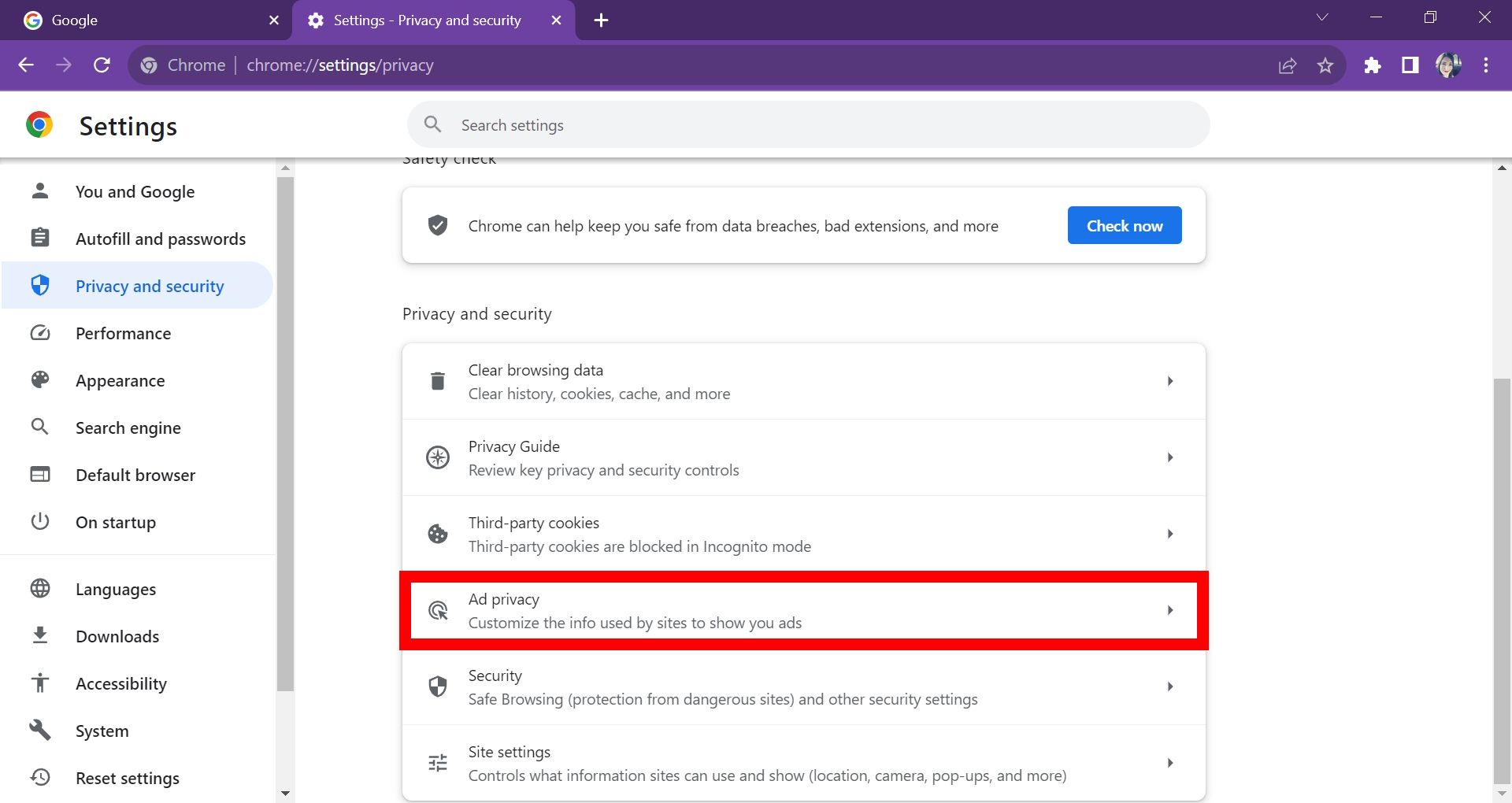 pink rectangle outline over advert privateness in privateness and security google chrome settings