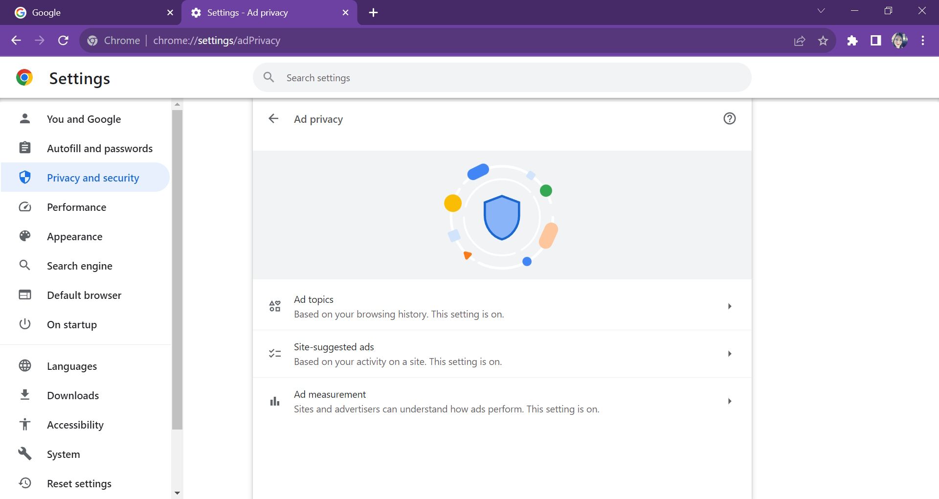 Google Chrome settings advert privateness online page