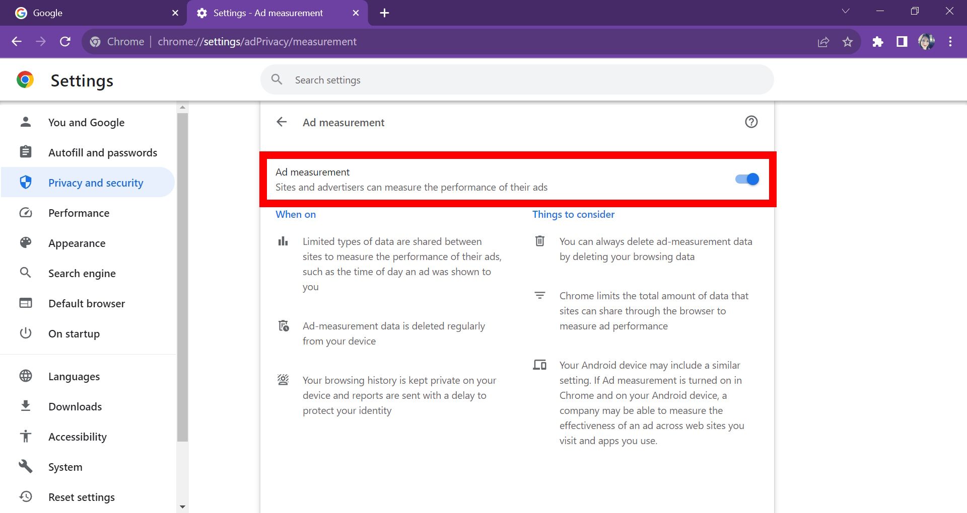 pink rectangle outline over advert dimension toggle in google chrome privateness and security settings